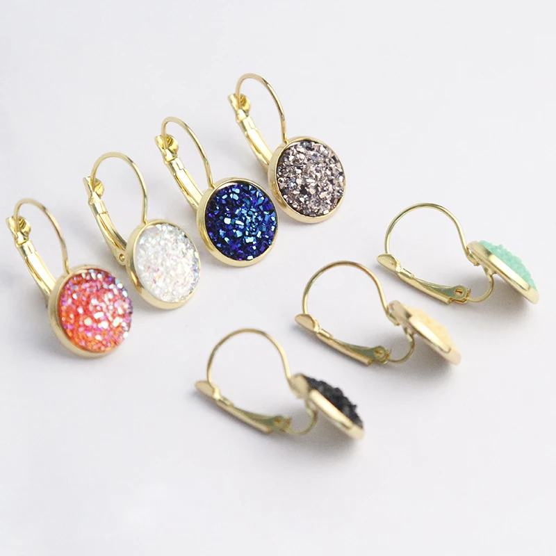 Уникальные блестящие серьги-клипсы с круглыми кругами, цветной полимерный камень, Druzy, Кристальные серьги с подвеской для женщин, ювелирные изделия для ушей