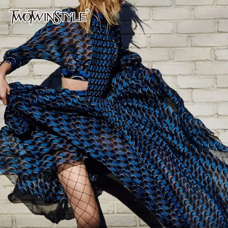 

TWOTWINSTYLE Patchwork Dress For Women Print Stand Collar Tunic High Waist Ruched Long Dresses 2019 Spring Elegant Clothing