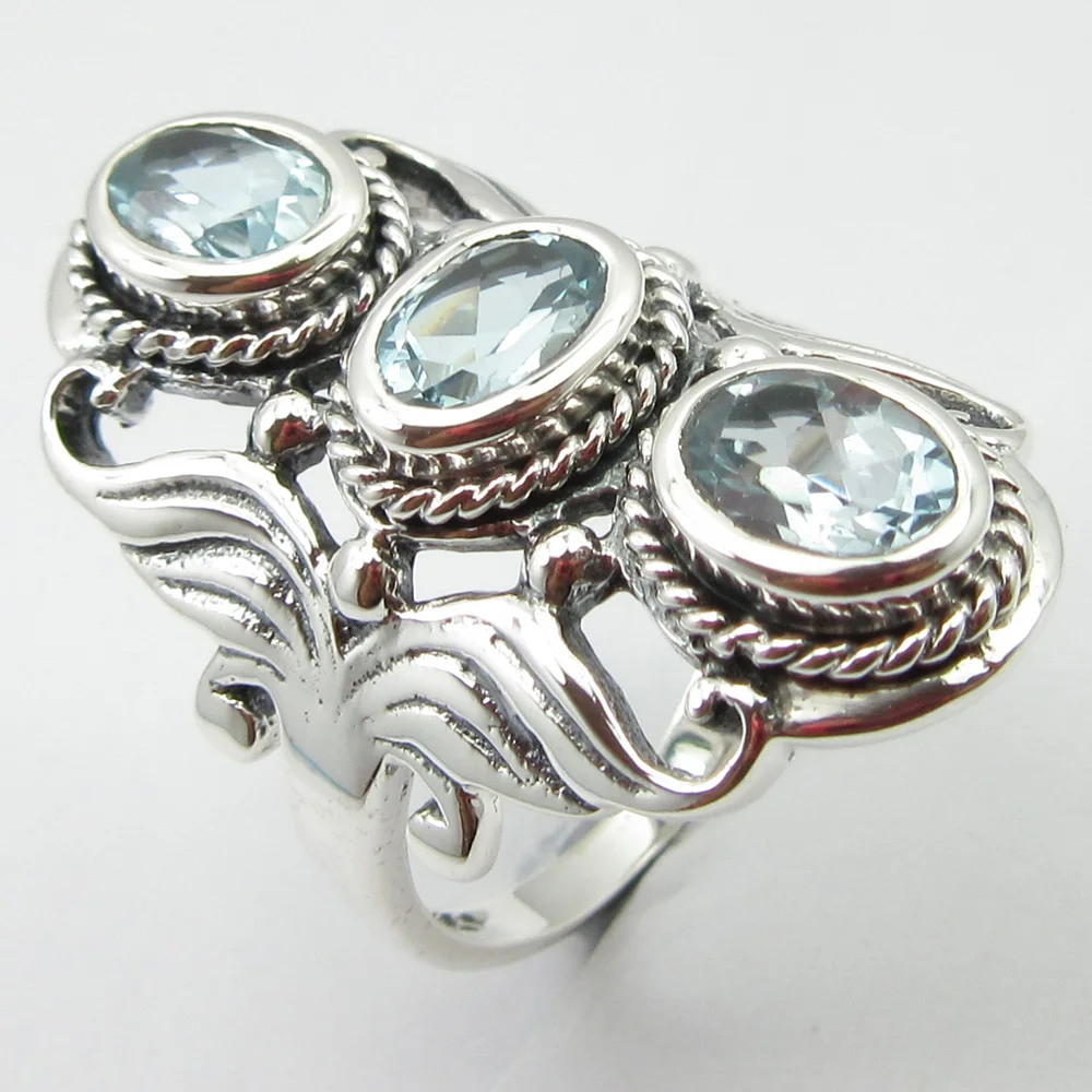 

0. Pure Silver Facetted Blue Topazs Ring Sz 7 Cheapest Shipping Unique Designed