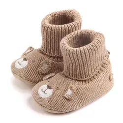 Детская обувь зимняя для новорожденных девочек и мальчиков; милые ботинки с рисунком медведя; теплые вязаные мягкие ботинки для малышей