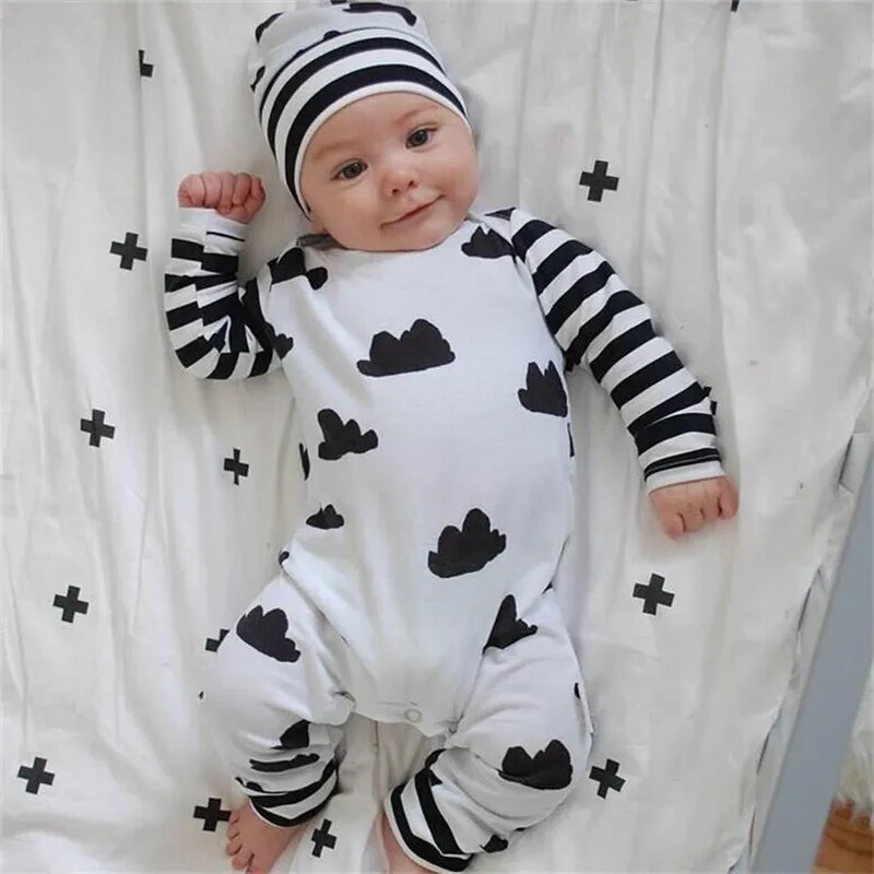 

2019 Autumn style Baby Boy Girl Rompers Long Sleeve Cartoon Clouds Infant Jumpsuit+Hat 2 Pcs Casual Outfit Newborn Baby Clothes