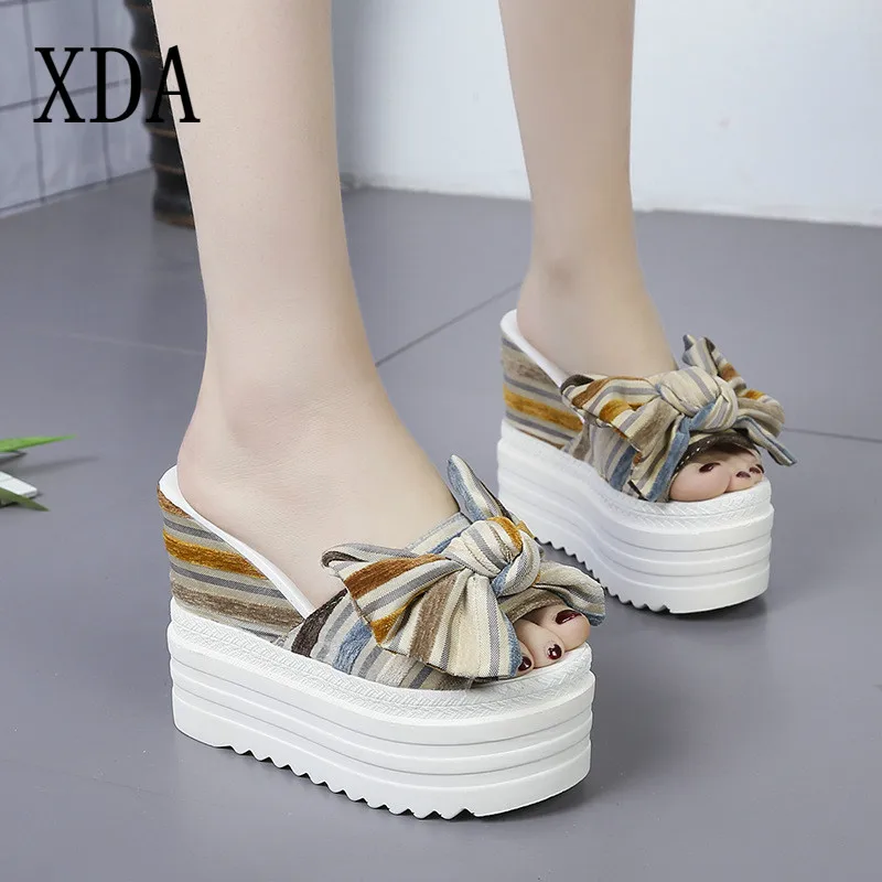 

XDA Super High heel slipper Wedges sandals 2019 Open toe Women slippers bow-knot Ladies Platform Casual shoe Beach slipper B102