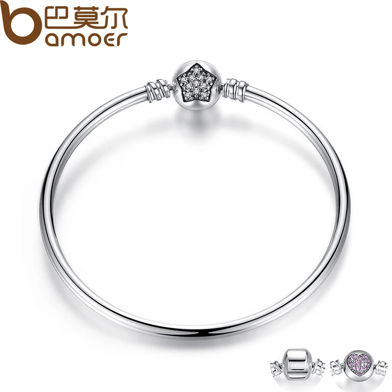 BAMOER Authentic 100 925 Sterling Silver Snake Chain Bangle Bracelet Pave Star Cubic Zirconia CZ Jewelry