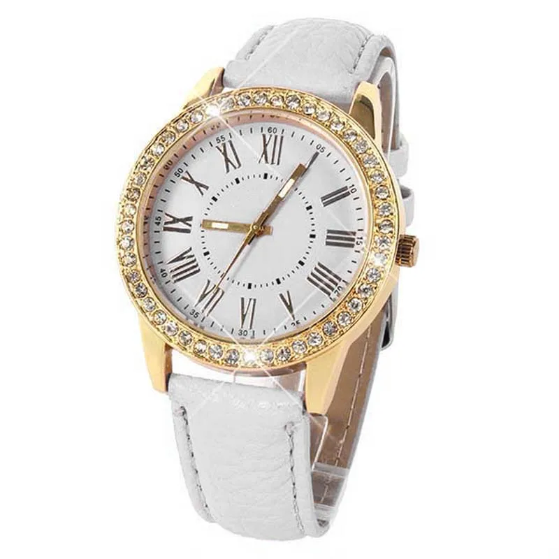 Bling Gold Crystal Women Luxury Leather Strap Quartz Wrist Watch High