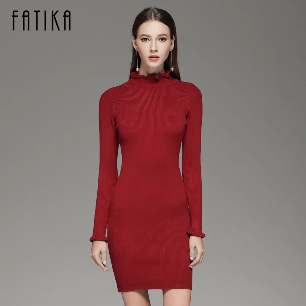 FATIKA Мода 2017 женское облегающее платье с длинным рукавом и высоким воротом