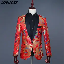 Китайский стиль мужской тонкий модный костюм куртка красной вышивкой свадебное пальто Блейзер официальная Вечеринка хост певица для
