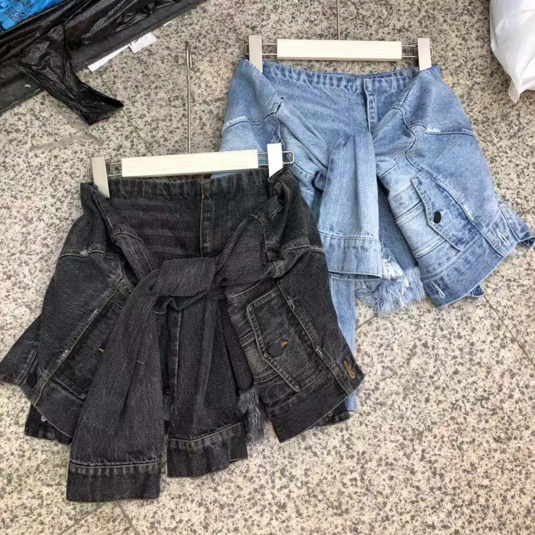 

2019 Spring Summer Jeans Shorts New Women's Fake Two Pieces with Knotted Tassel Loose Denim Shorts