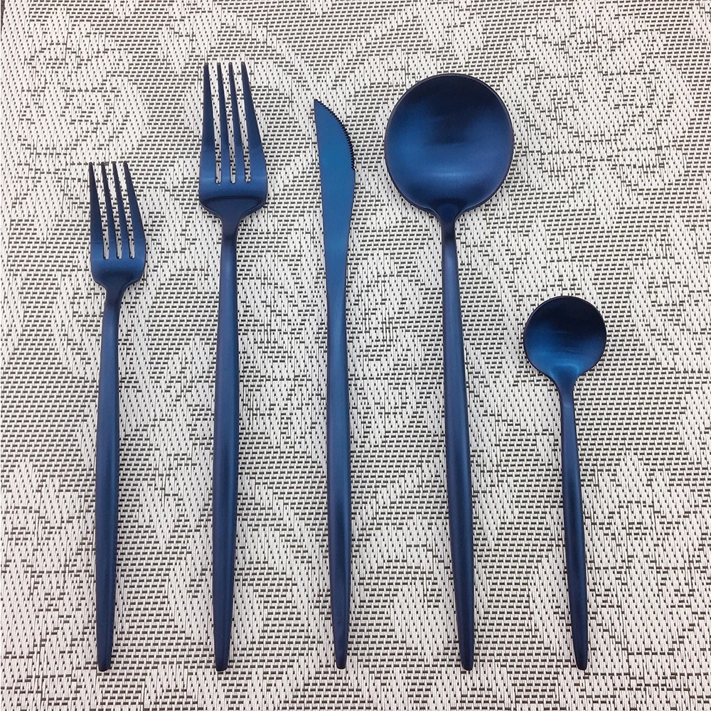 20 штук стильный матовый синий набор столовой посуды Нержавеющая сталь черный набор столовых приборов стейк ножи десертных вилок Teaspoon набор серебряных изделий