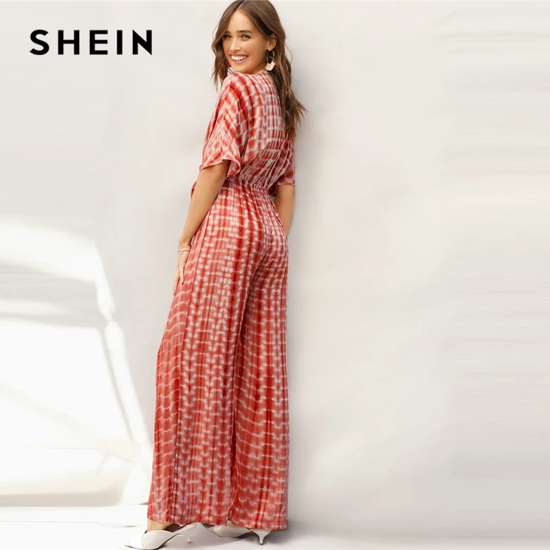 SHEIN Rust Plunging Neck Knot Front Tie Dye Palazzo Jumpsuit Spring Deep V Neck Solid High Waist Maxi Wide Leg Jumpsuits