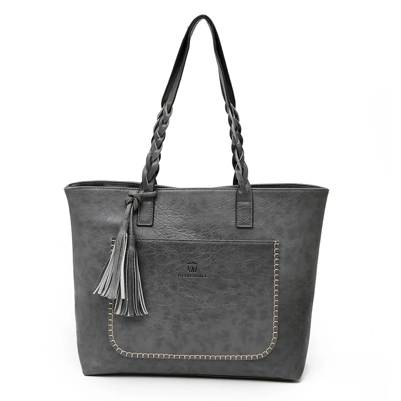 Модная женская сумка из искусственной кожи, сумки с кисточками, женские большие сумки, роскошные дизайнерские сумки высокого качества, винтажная сумка на плечо - Цвет: Gray