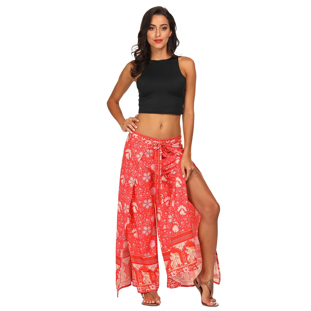 

Bohemia Style 3D Print Flower Pattern Print Women Bandage Wide Leg High Split Summer Spring Elastic Waist Long Loose Trousers