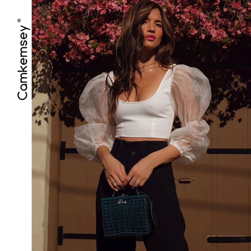 

CamKemsey Fashion Mesh Puff Sleeve Patchwork Women Blouses Shirts Women 2019 Summer Style Lady Party Club Sexy White Crop Tops