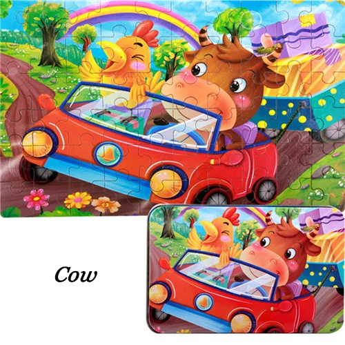 cow Новейшие Детские игрушки 60 штук деревянные головоломки игрушки с железной коробкой Детские Мультяшные животные Развивающие игрушки для детей Рождественский подарок - Цвет: cow
