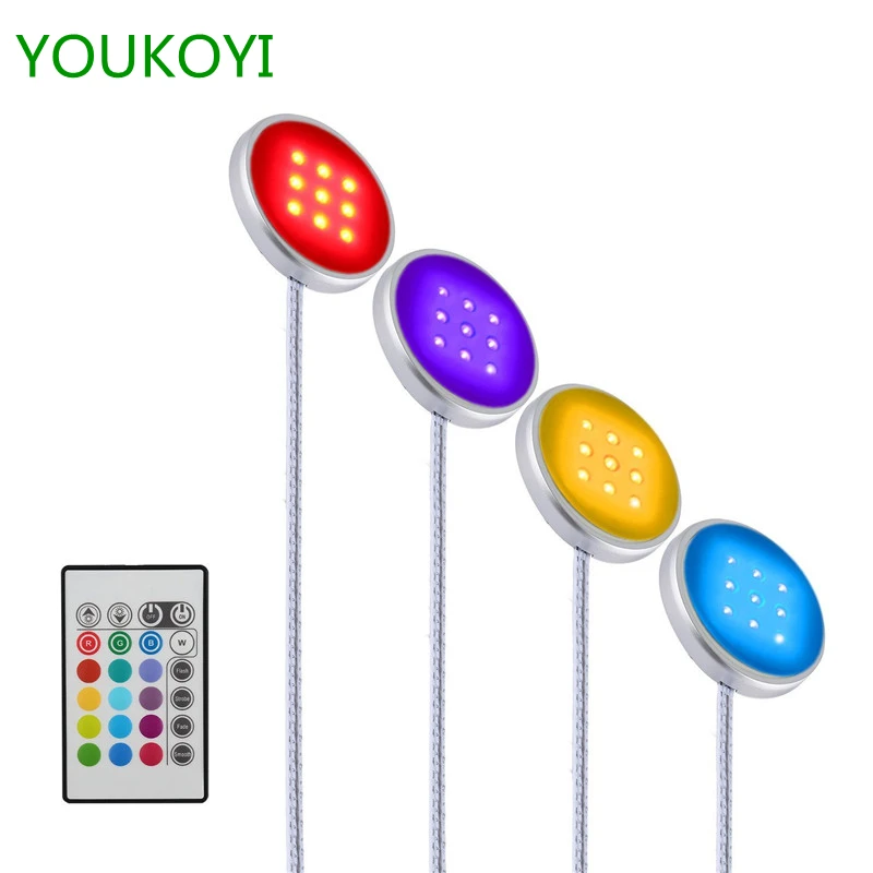 RGB LED Puck Lights LED Bar 12V Under Cabinet Lighting Kit for Kitchen Closet Shelf Decoration