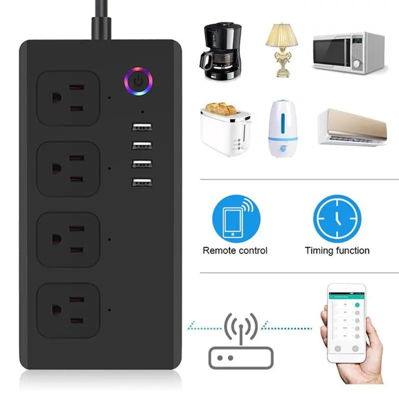 

Black Smart Socket Power Strip WiFi Wireless Remote Control US Plugs USB Ports Timer Switch Energy Saving Distance Operate