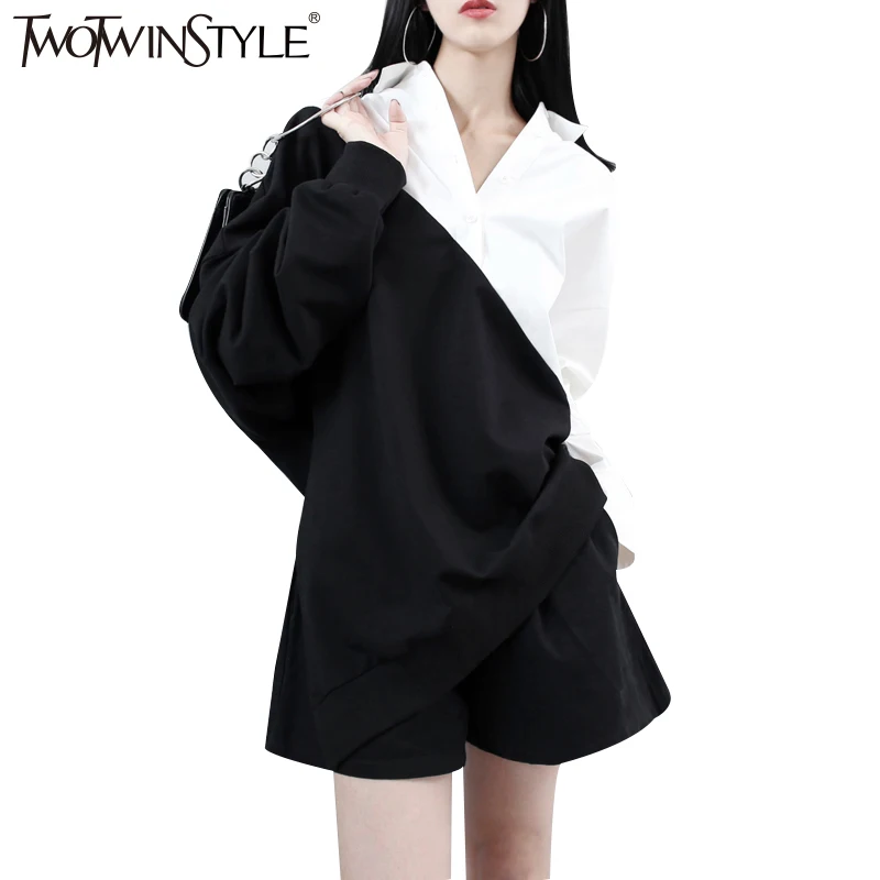 

TWOTWINSTYLE Patchwork Shirt Sweatshirt for Women Long Sleeve Pullover Loose Tops Casual Clothes Korean Large Big Sizes Autumn