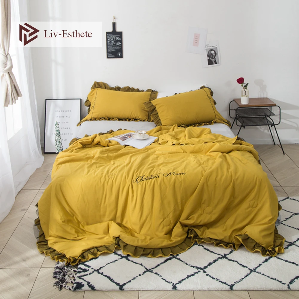 

Liv-Esthete Luxury Beauty Yellow Quilt Lace Duvets Comforter Double Queen King As Like Soft Blanket For Girl Gift Bed Linen