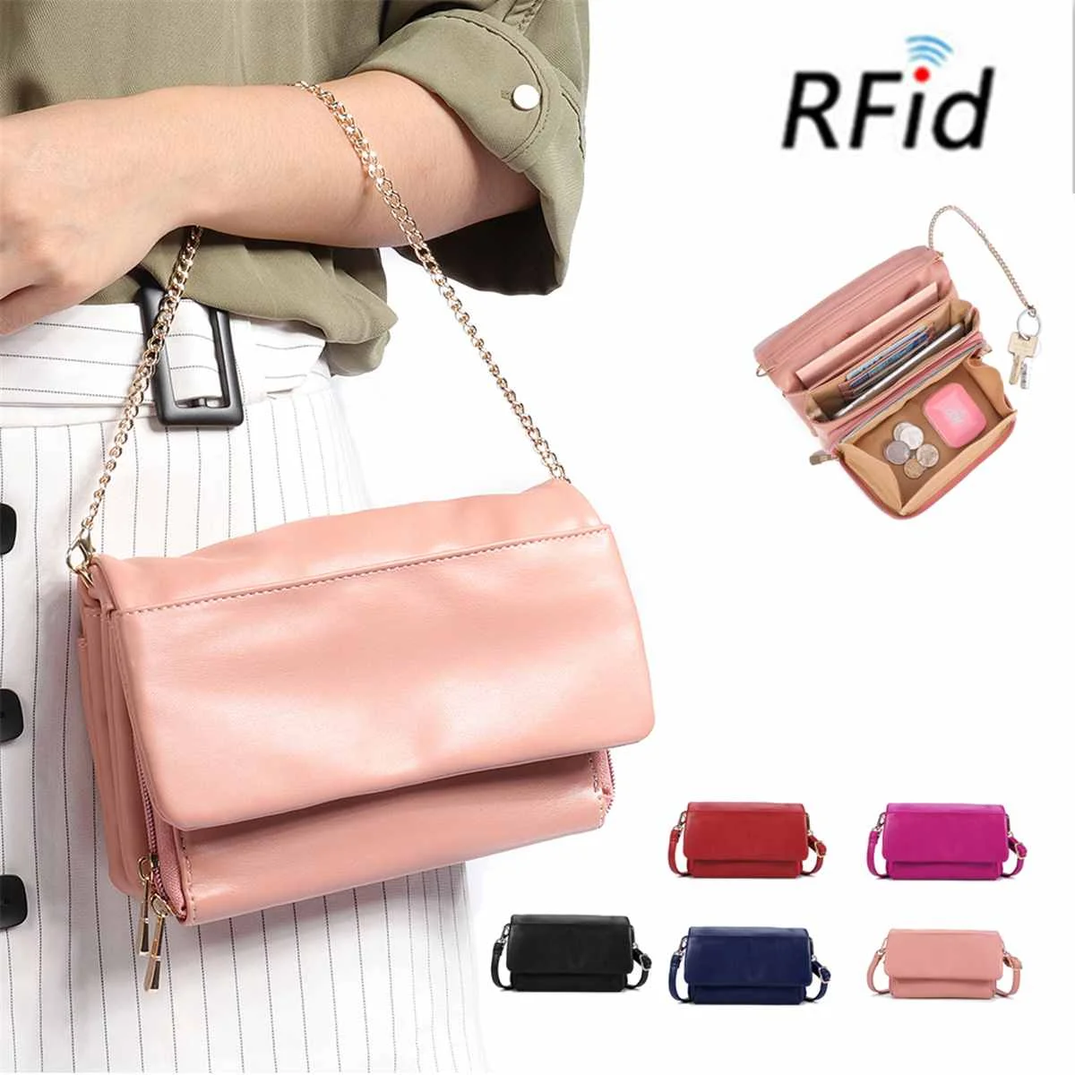 RFID Candy Color Multifunction Shoulder Bag for Women Messenger Bags Ladies PU Leather Handbag Purse Female Crossbody Bag Women