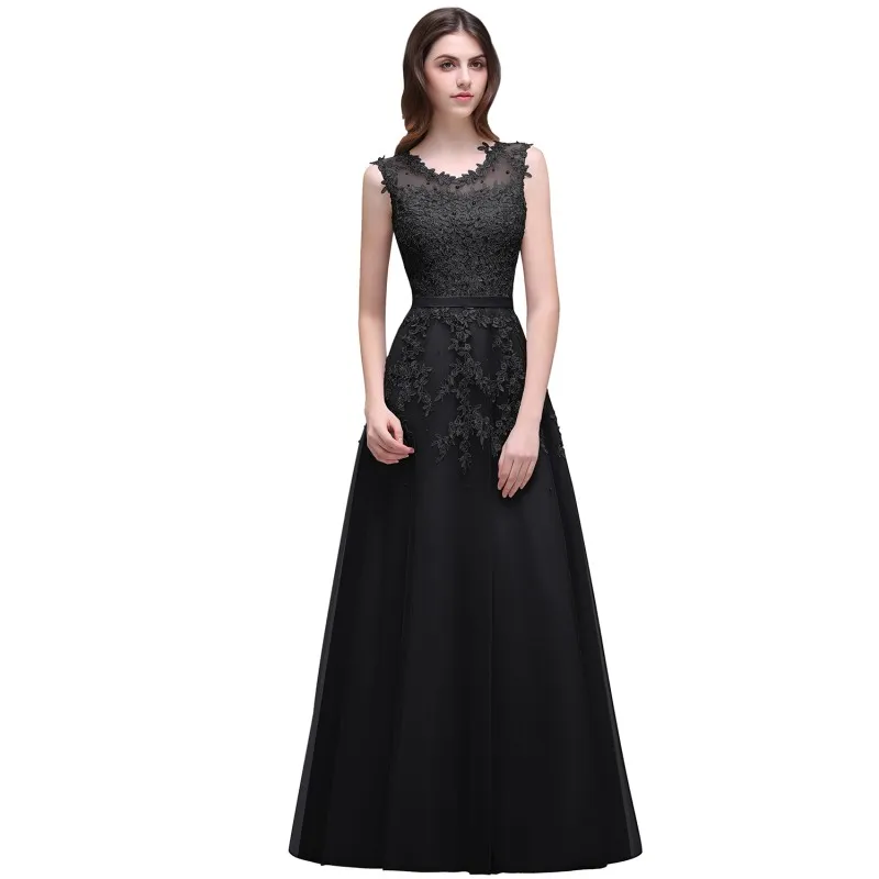 Сексуальное Элегантное Длинное платье для выпускного вечера с аппликацией из жемчуга, Тюлевое платье трапециевидной формы без рукавов, платье для выпускного вечера, вечернее платье - Цвет: Black