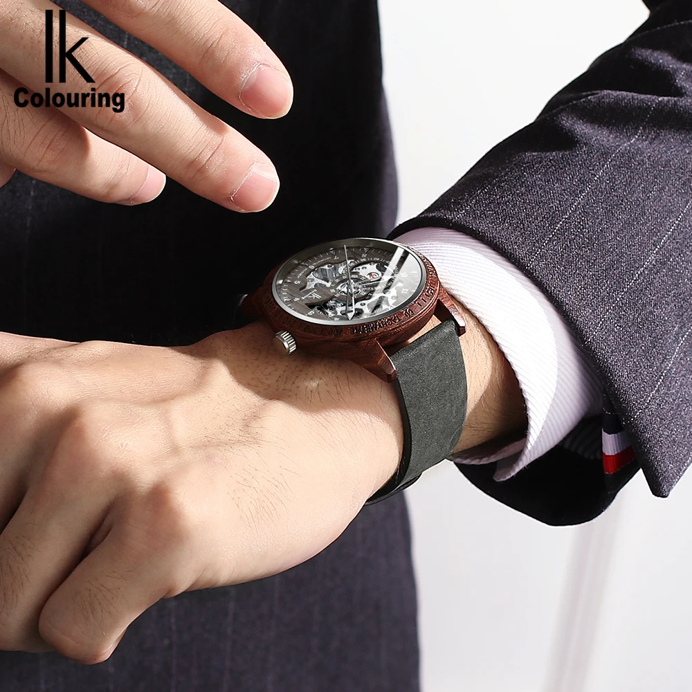 IK Colouring Men Watch Vintage Wood Case Suede Leather Bracelet Automatic Mechanical Skeleton Steampunk Wooden Male Wristwatch