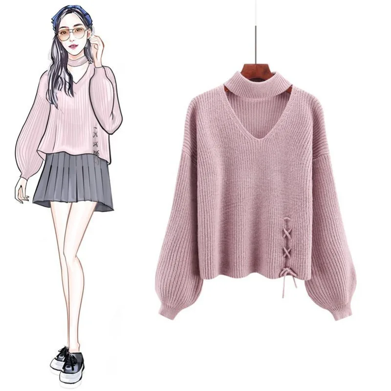 V-neck Woman Autumn Winter Pullovers 2018 Cross Strap Lantern Sleeve Lady Pink Knitted Sweater Cashmere Turtleneck Befree | Женская