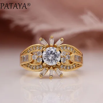 

PATAYA New Luxury Ring Women Fashion Jewelry 585 Rose Gold Micro Wax Inlay White Round Natural Zircon Hyperbole Hollow Rings