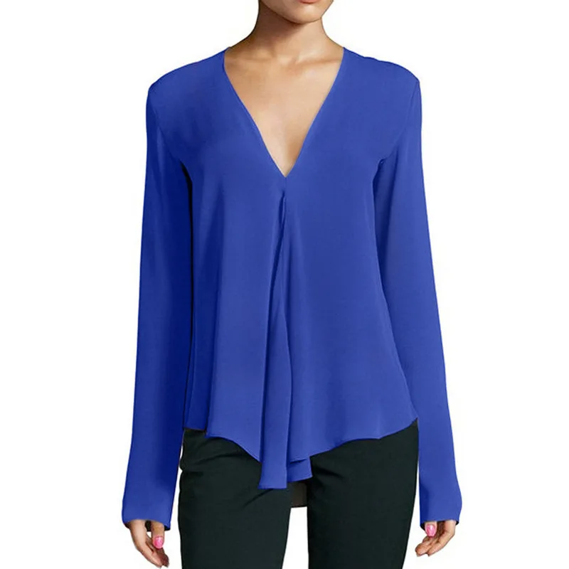 

2019 Spring Women Shirts Sexy Ladies V-neck Long-sleeved Tops Office Work OL Chiffon Irregular Chiffon Blouses Plus Size 6XL