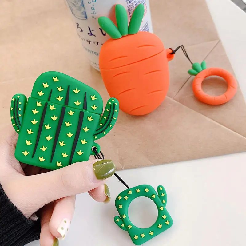 

For AirPods Case 3D Cute Cartoon Cactus Carrot Wireless Earphone Bags for Apple Airpods 2 Headphone Cover with Finger Ring Strap