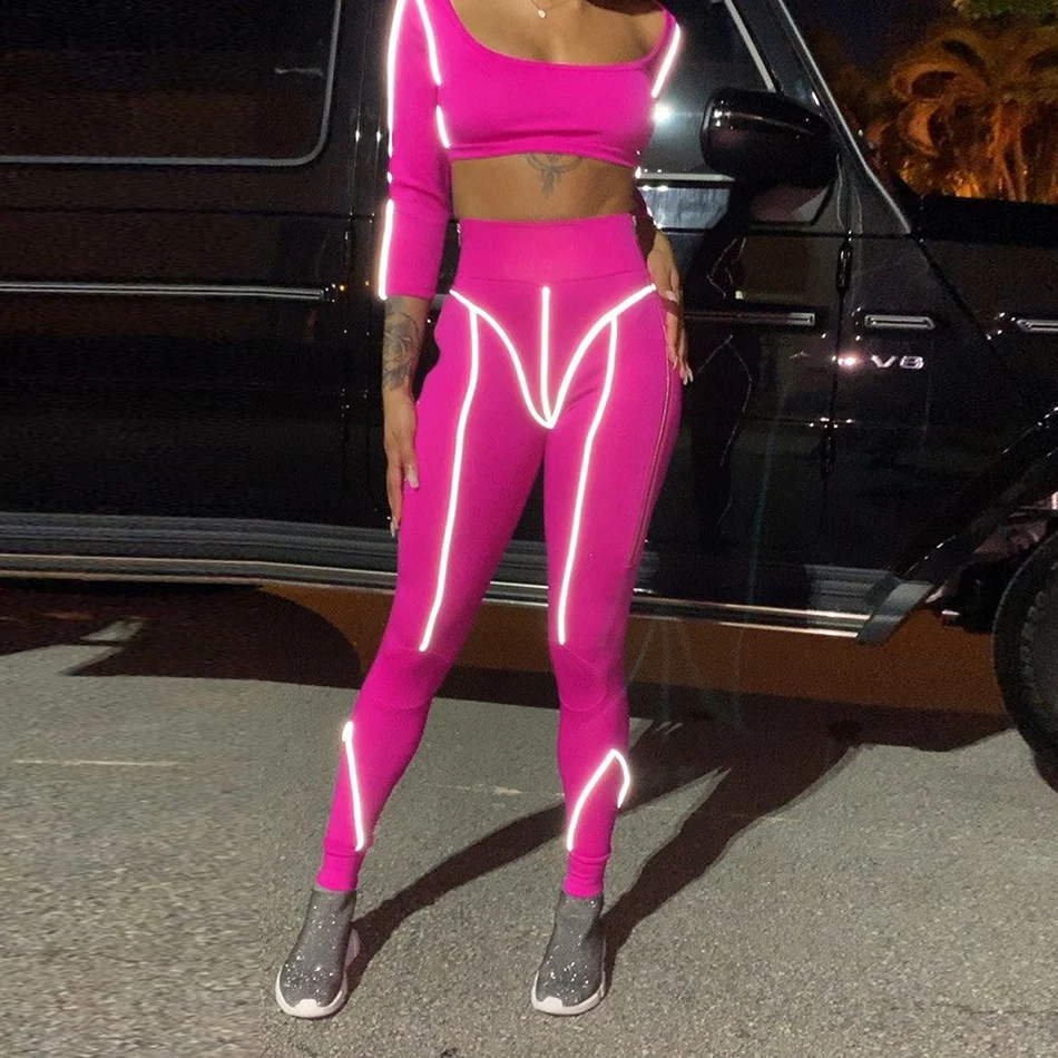

3M Reflective 4 Color Womens 2 Piece Set Long Sleeve Short Crop Top & Gym Slim Pencil Pants Set Women Tracksuit