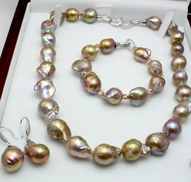 

free shipping>>> Set of 13-18 mm nature baroque pearl necklace 18inch bracelet 7.5-8 inch earring