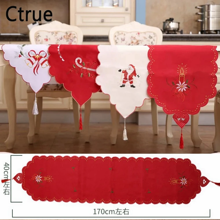 

40CM*170CM Christmas Table Satin Embroidery Tablecloth table runner Christmas decoration centerpieces new year Home Decor