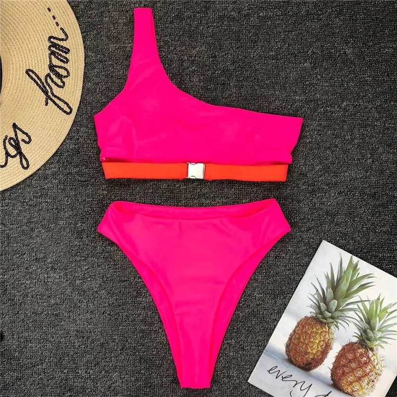 Pink One Shoulder Sexy Push Up Bikini Swimwear Swimsuit Women New Buckle High Waisted Bikini Swimsuit Beach Biquinis