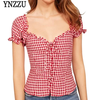 

YNZZU Casual Plaid Women Blouse Shirt 2018 Summer Sweet Cotton Short Sleeve Ruched Bandage Slim White Tops blusa feminina YT380