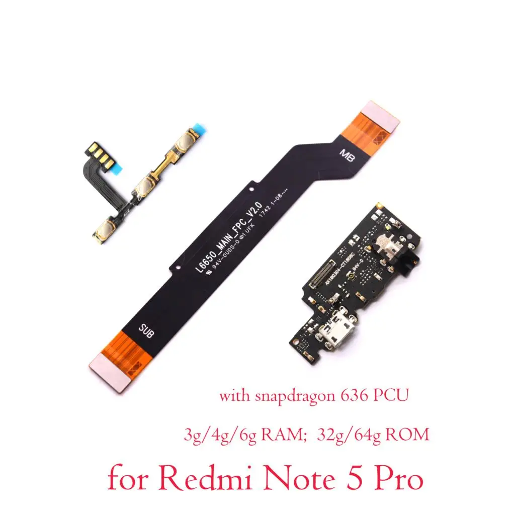 

power on/off strip main board connector flex USB charging charger connector flex cable microphone For Redmi Note 5 /Pro