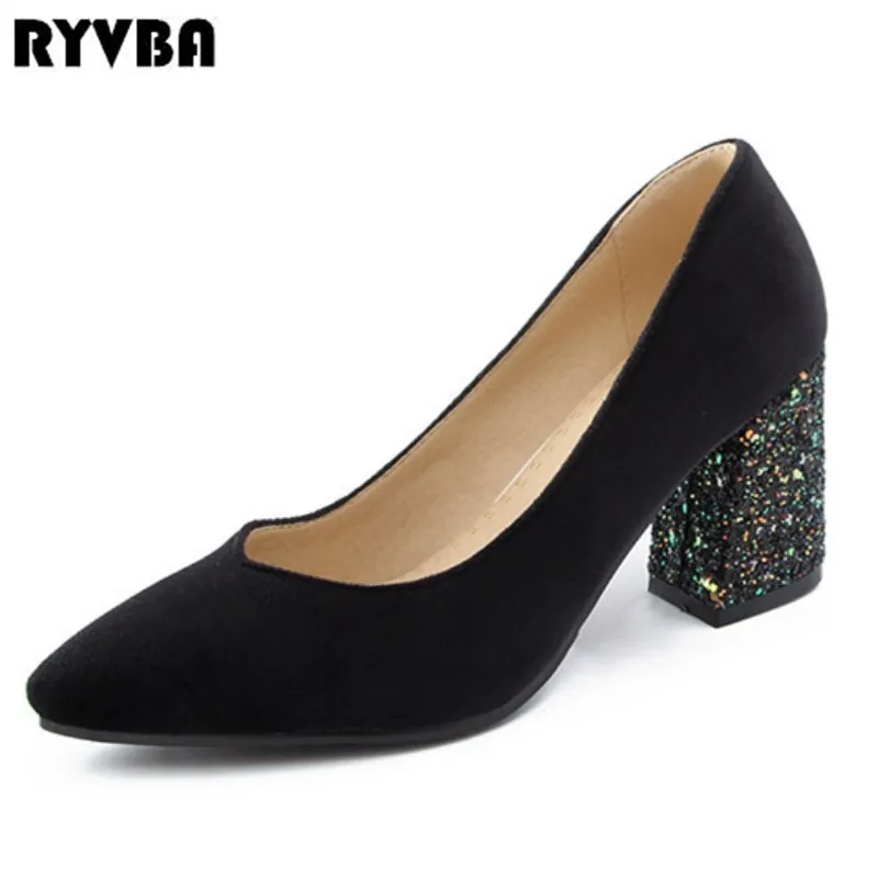 

RYVBA 2019 summer autumn women pointed toe square High heels pumps woman nubuck wrok shoes ladies womens sexy suede party pumps