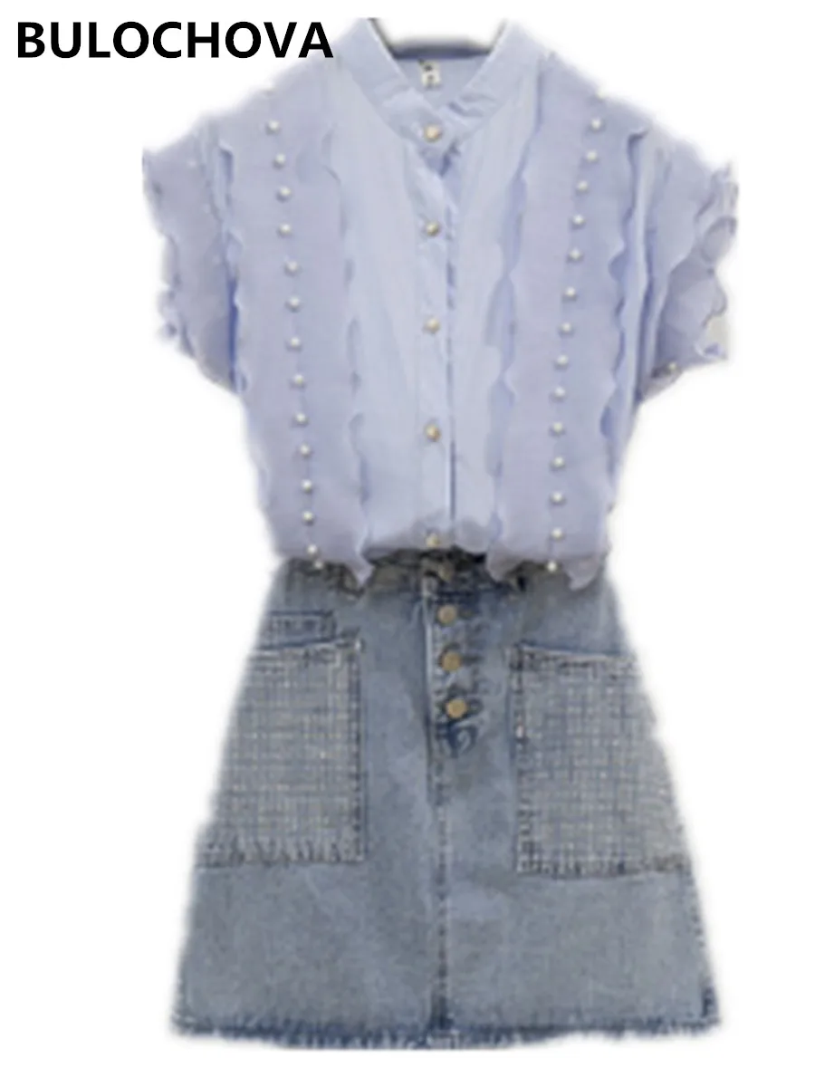 

Women Fashion Office Chiffon Shirt Tops + Denim Skirt Womens two piece outfits Runway Large Size Button Jeans Skirts Suits Mujer