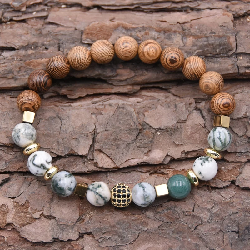 

2018 new design Punk chicken wing wood bracelets for men women Fashion mirco zircon balls bracelet 8mm stones jewelry pulseira