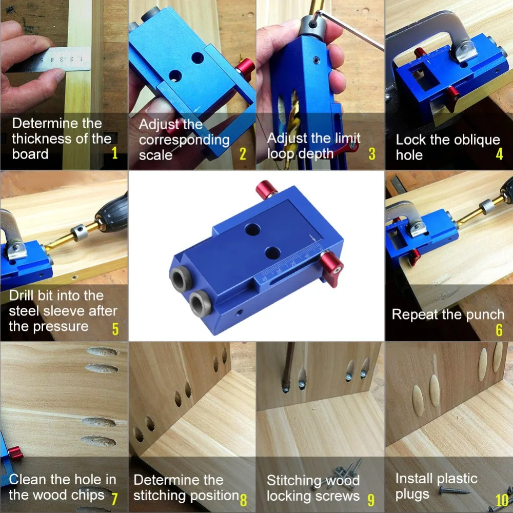 

Pocket Hole Drilling Guide Jig Kit Woodworking Oblique Drill Guide Set Positioner Locator Tool