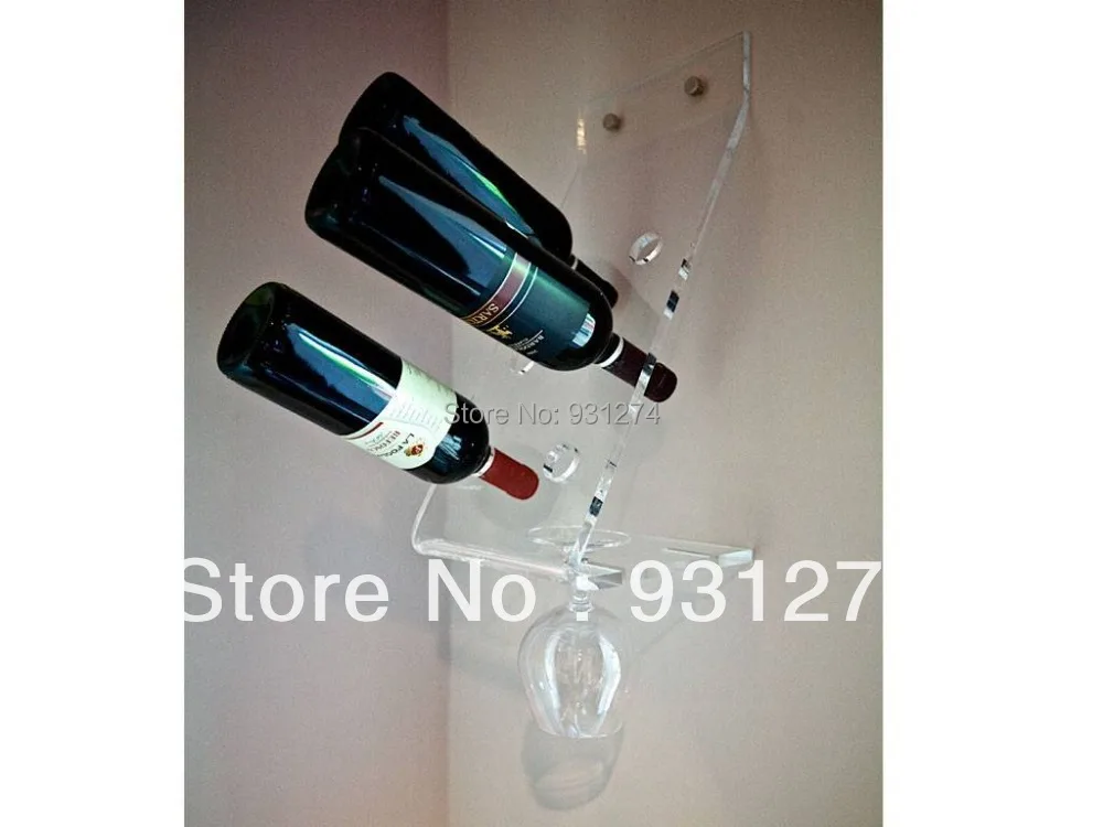 Wall mounted leaning 3 holders bottles acrylic wine rack with wine glass holders Modern wine