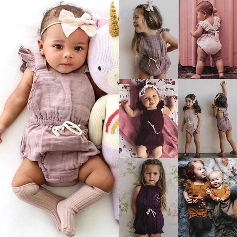 В американском стиле, имеется на для новорожденных, для маленьких девочек, летний комплект одежды с рюшами хлопковый боди, комбинезоны, костюмы Комплекты одежды