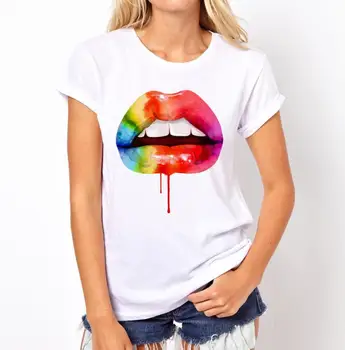 

Colorful Lip Print T Shirt Women Short Sleeve O Neck Loose Tshirt 2019 Summer Women Tee Shirt Tops Camisetas Mujer