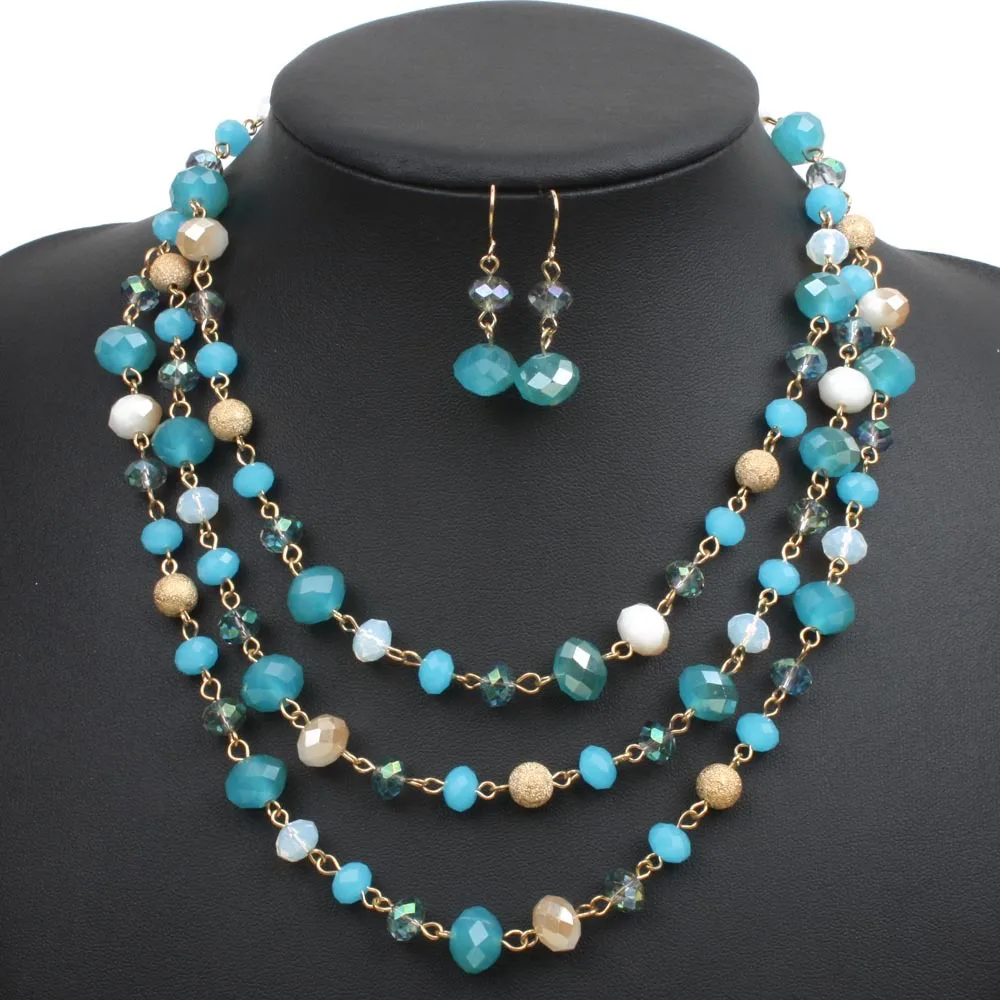 

Trendy Multi-layer Beads Jewelry Sets for Women Layered Chain Necklace Drop Earrings Set Female Crystal Jewelry Set 3 Colors
