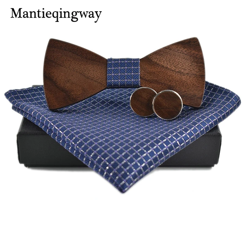  Polyester Business Wooden Tie Set For Men Handkerchiefs Cuff Links Handmade Wood Bowtie Set Plaid N