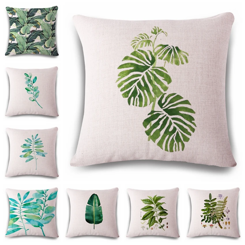 

Fresh Green Leaves Cushion Cover Print Linen Affection Sofa Car Seat Family Home Decorative Throw Pillow Case Housse De Coussin