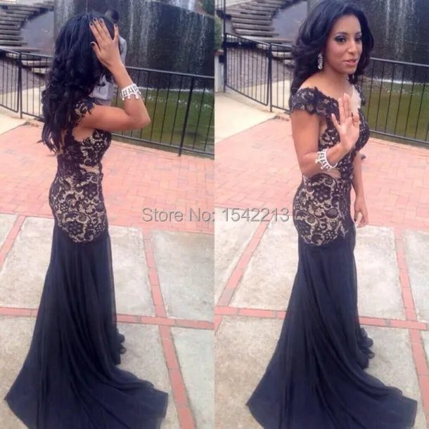 Navy Blue Lace Prom Dresses