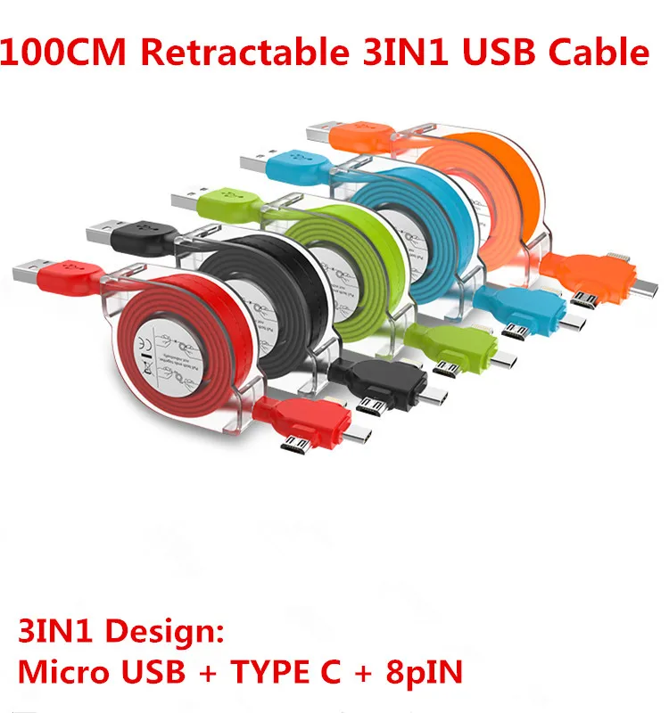 

3in1 Retractable Cable 1M 2A Fast Charger Micro USB/Type C Coiled Data Line For Iphone 6 6S 7 7S 8 Plux X Ipad 2 3 4 5 Air Pro