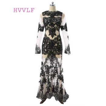 

Black Prom Dresses Mermaid High Collar Long Sleeves Appliques Lace See Through Long Prom Gown Evening Dresses Evening Gown