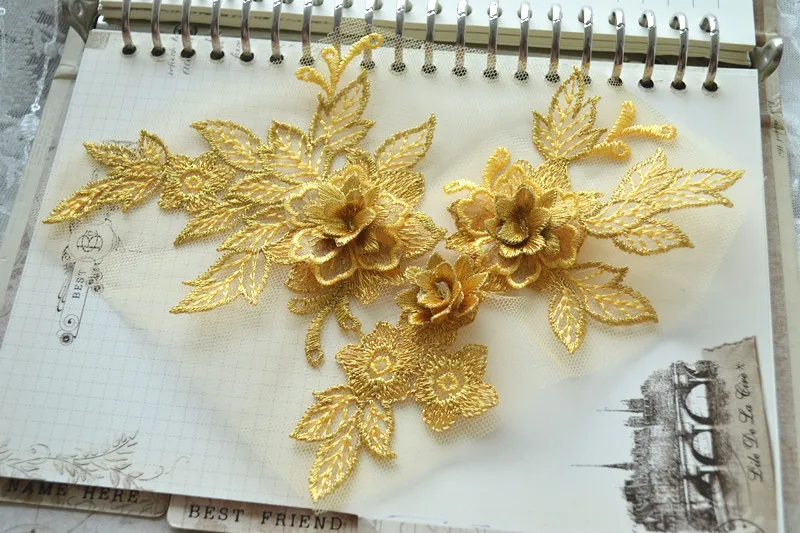 Gold 10 шт./лот '3D цвет свадебное платье Кружева Аппликация DIY ремесло цветок патч одежды вспомогательный материал золото синий патч RS446 - Цвет: Gold