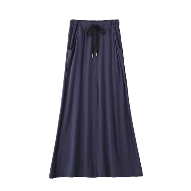 Длинная юбка, лето, осень, юбки для женщин, одноцветное, из модала, высокая эластичная талия, карман, повседневные женские юбки, женская юбка Макси - Цвет: Dark Blue