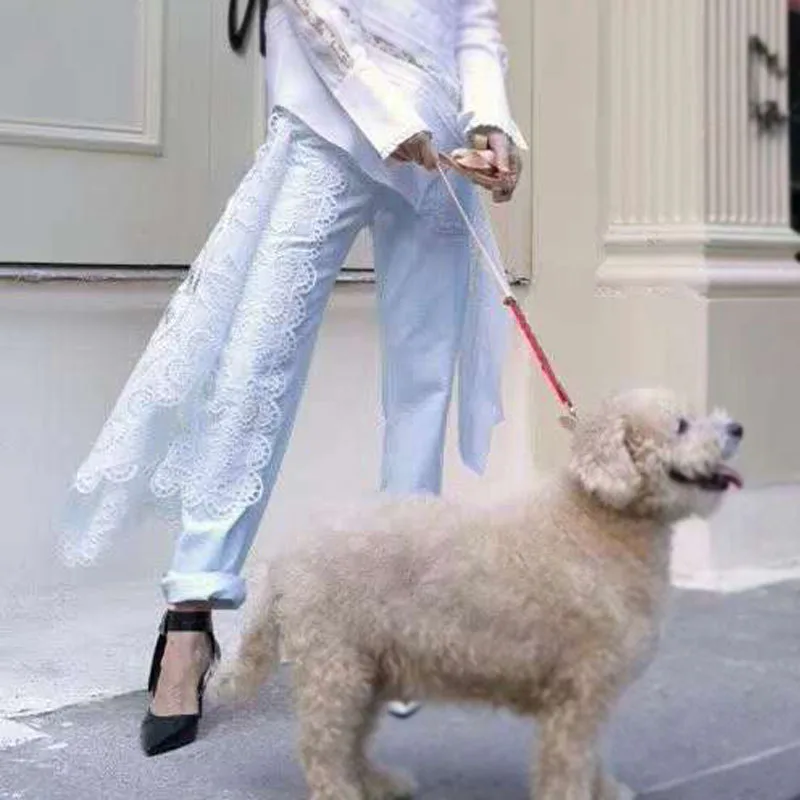 WHITNEY WANG летняя модная уличная одежда дизайнерский стиль Asymetrical Талия кружево пэчворк рюши женские джинсы брюки